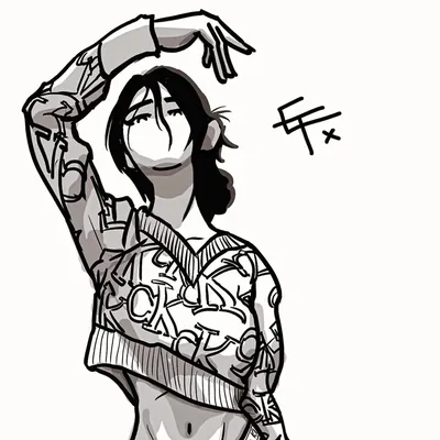 Ink-style drawing of a woman in a graffiti-print sweater, one arm raised above her head