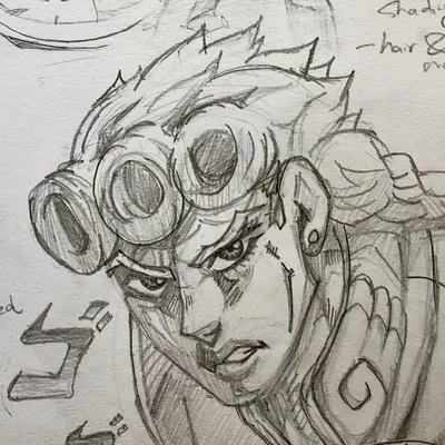 Pencil study of Giorno Giovanna from JoJo's Bizarre Adventure, close on the face and goggles