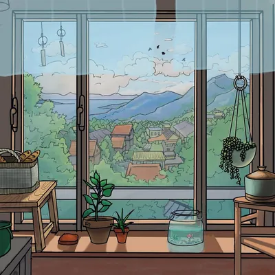 Lo-fi illustration looking through a window onto a mountain village, plants and a fishbowl on the sill
