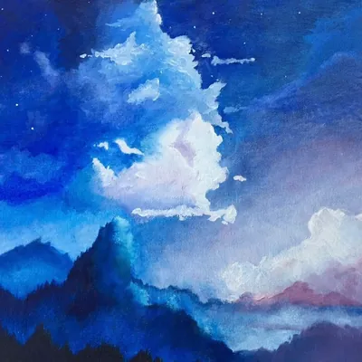 Oil painting of tall white clouds and a starry blue sky above dark mountains
