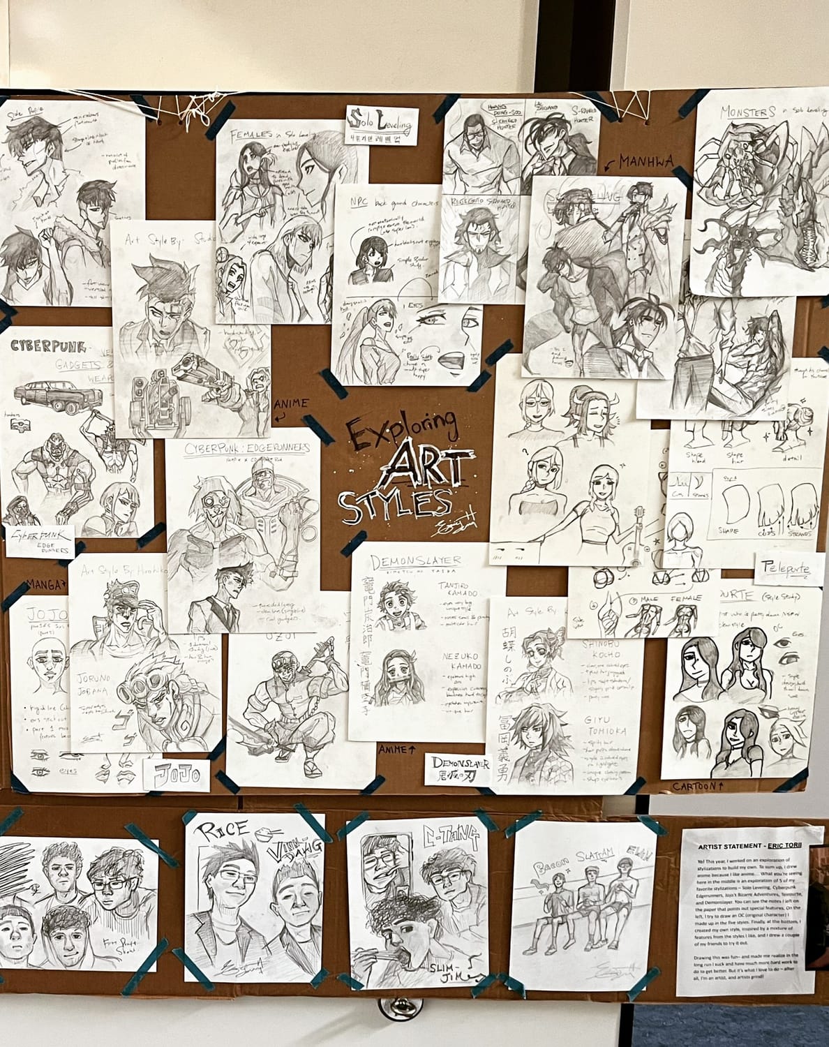 Wall of dozens of pencil anime studies under a hand-lettered “Evolving Art Style” banner, a 60-hour project from 2023