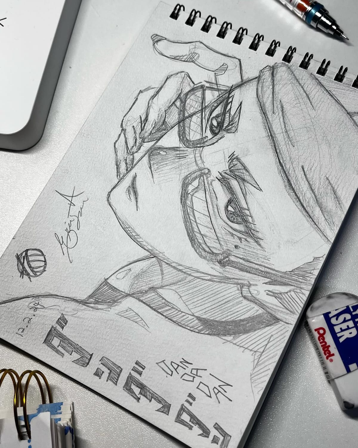 Pencil drawing of the grandmother character from Dandadan on a sketchpad, pens and an eraser around it