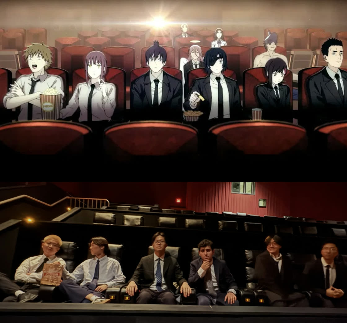 Split image: the Chainsaw Man movie-theatre scene on top, and the ASA Littles in suits recreating it seat-for-seat in a real theatre below