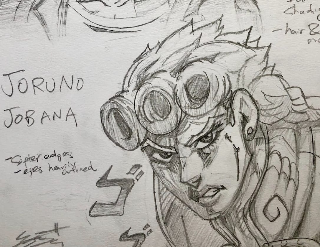 Pencil study of Giorno Giovanna from JoJo's Bizarre Adventure, annotated with notes on his goggles and eyes