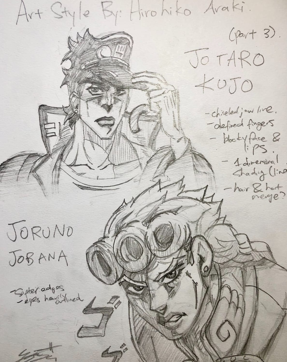 Pencil study page of Jotaro Kujo and Giorno Giovanna with written notes on Hirohiko Araki's art style