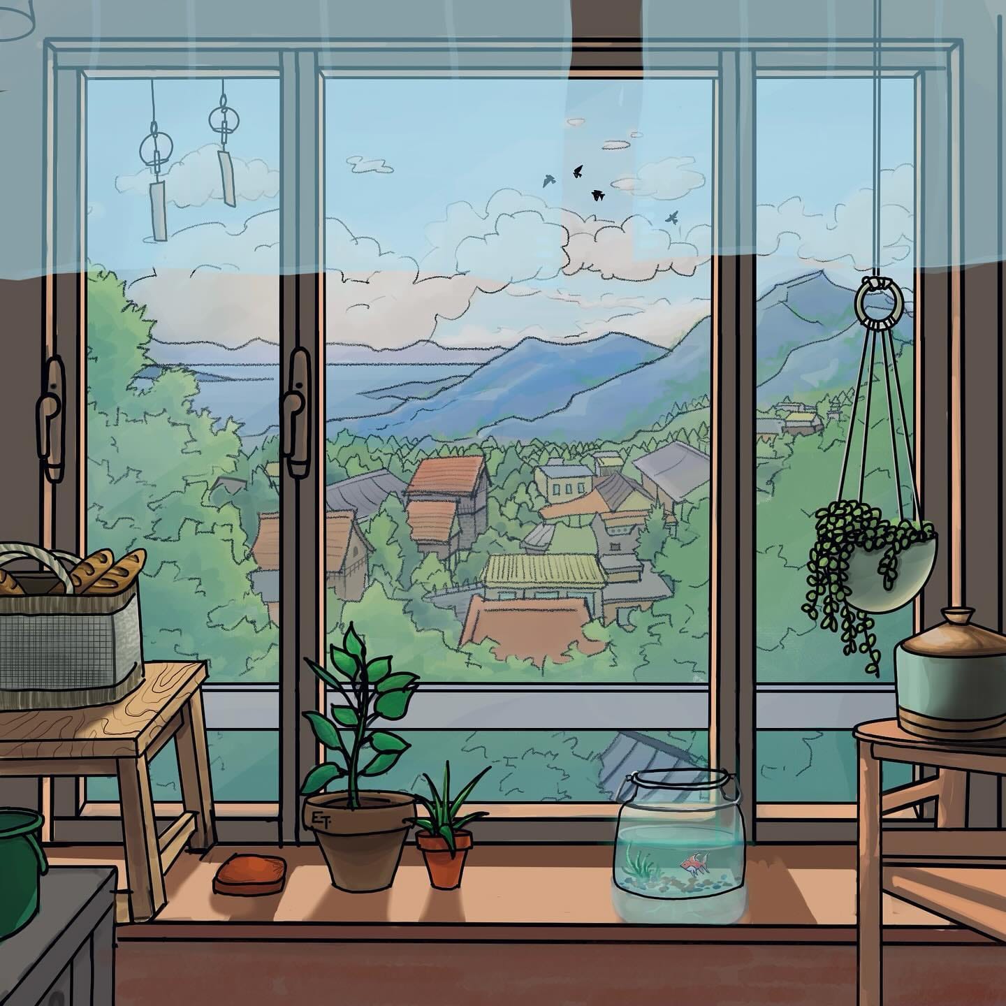 Lo-fi album-cover illustration: a window over a mountain village, with plants, a fishbowl and wind chimes on the sill