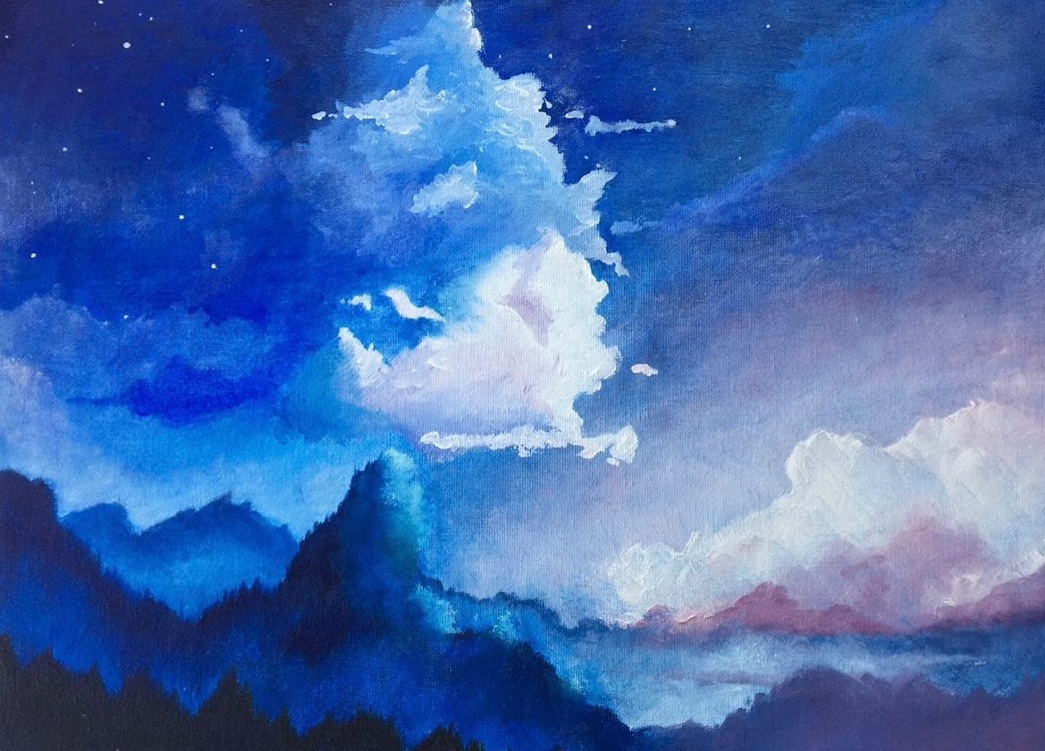 Oil painting of towering clouds and a starry night sky above dark mountains, Eric Torii's first oil painting