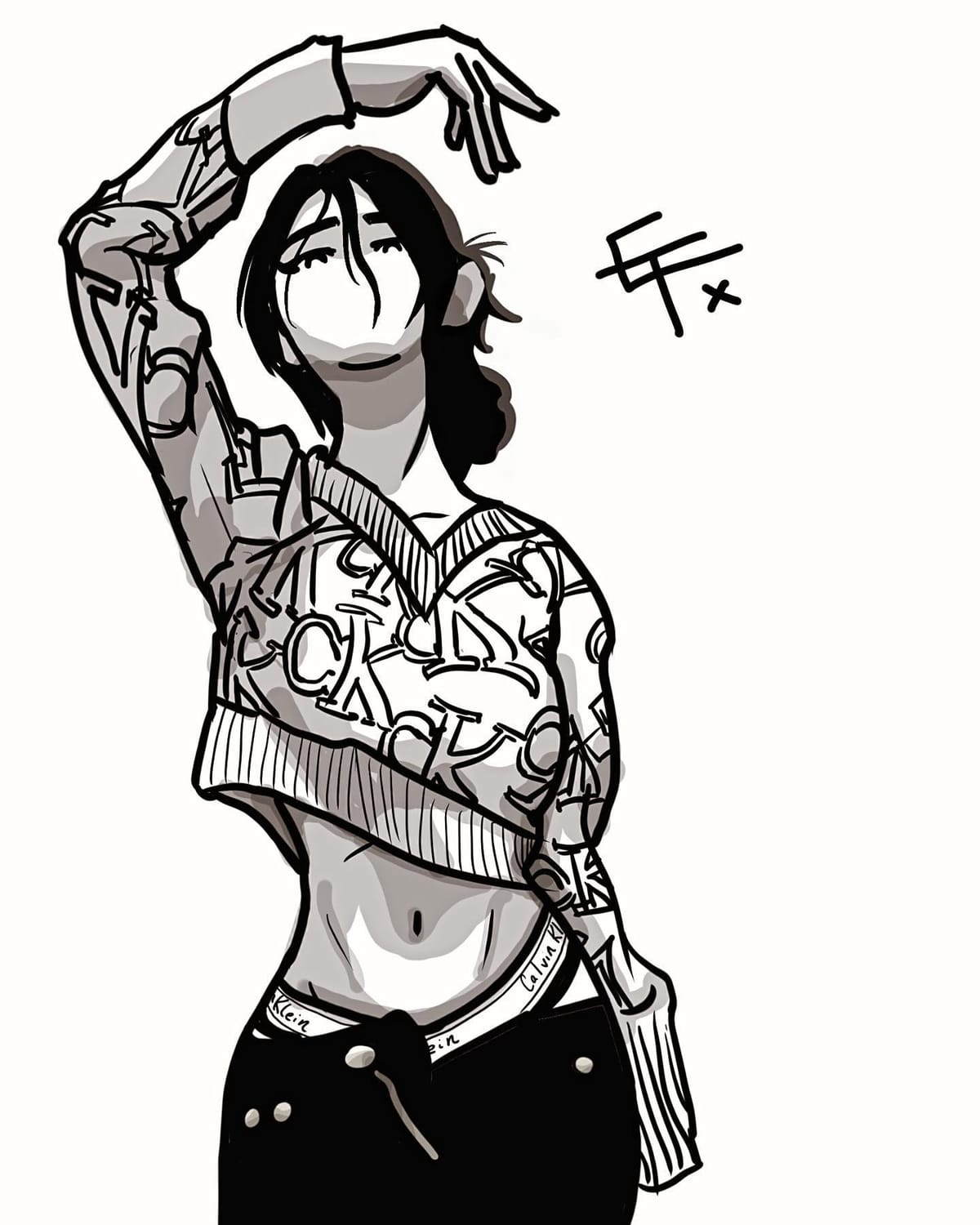 Black-and-white Procreate drawing of a woman in a graffiti-print sweater with one arm raised above her head