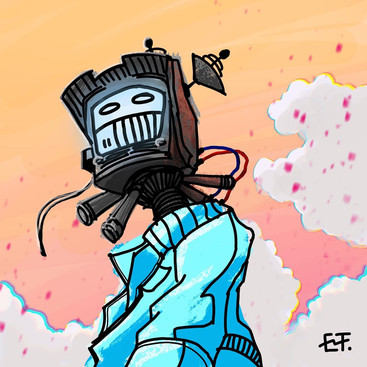 Procreate illustration of a humanoid figure with a CRT television for a head, watching a pink and orange sunset