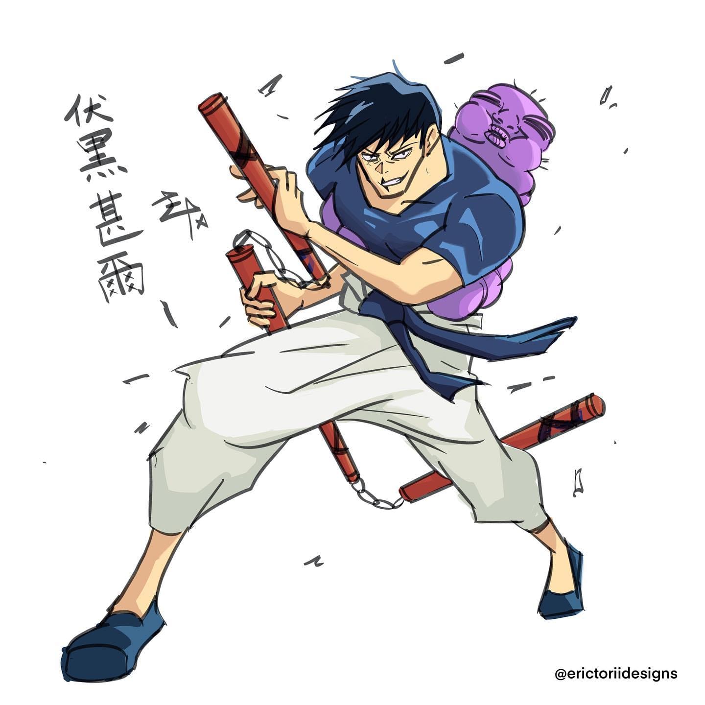 Procreate drawing of Toji Fushiguro from Jujutsu Kaisen mid-swing with a wrapped weapon, his name written in kanji beside him