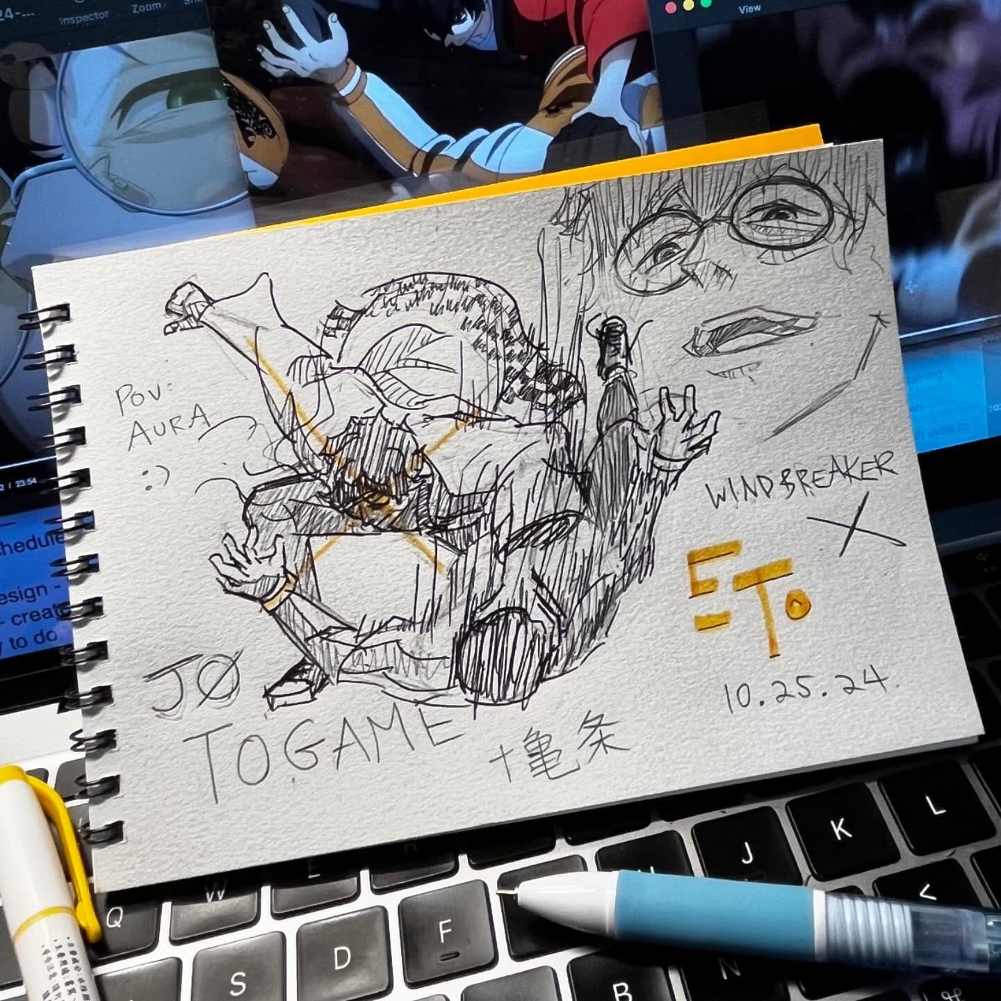 Quick pen action sketch of Togame from Wind Breaker, drawn in a sketchbook resting on a laptop